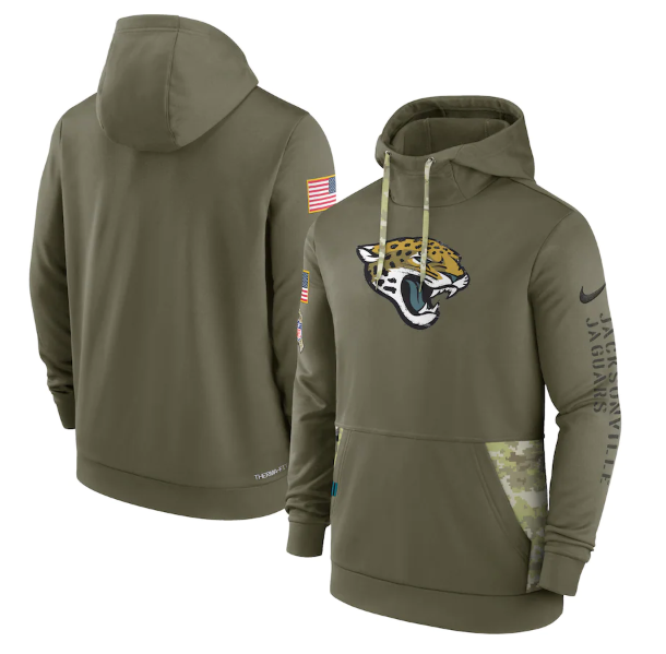 Men's Jacksonville Jaguars 2022 Olive Salute to Service Therma Performance Pullover Hoodie Men's Jacksonville Jaguars 2022 Olive Salute to Service Therma Performance Pullover Hoodie
